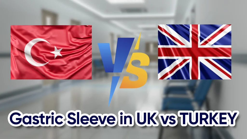 Illustration showing the difference in gastric sleeve surgery between the UK and Turkey, highlighting cost, hospital standards, and patient experience